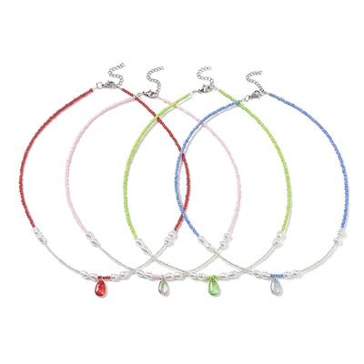 Glass Teardrop Pendant Necklace with Seed Beaded Chains