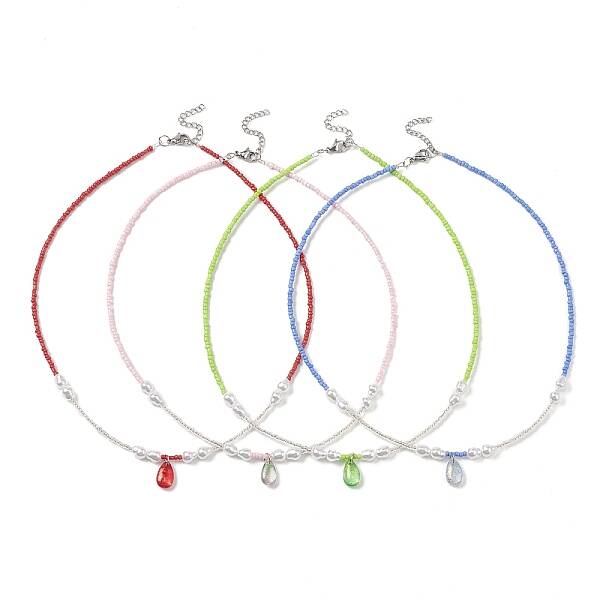 Glass Teardrop Pendant Necklace with Seed Beaded Chains