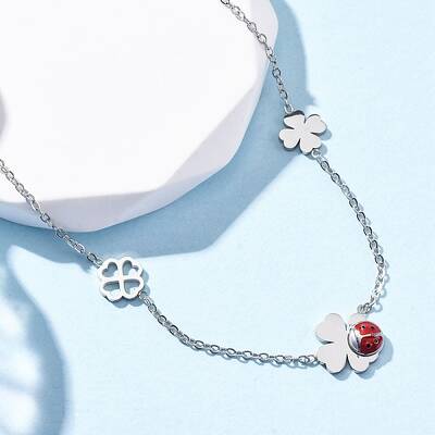 304 Stainless Steel FireBrick Enamel Ladybug Clover Link Chain Necklaces
