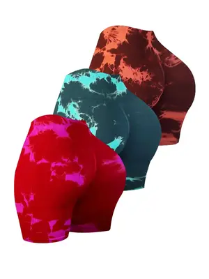 Women's Basic Tie Dye Print Sports Short Tummy Control Leggings, Casual Sports Ruched Skinny Shorts, Gym Clothing, Summer Com...