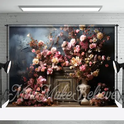 Old Masters Blue Wall Pink Flowers Fine Art Backdrop - Aperturee