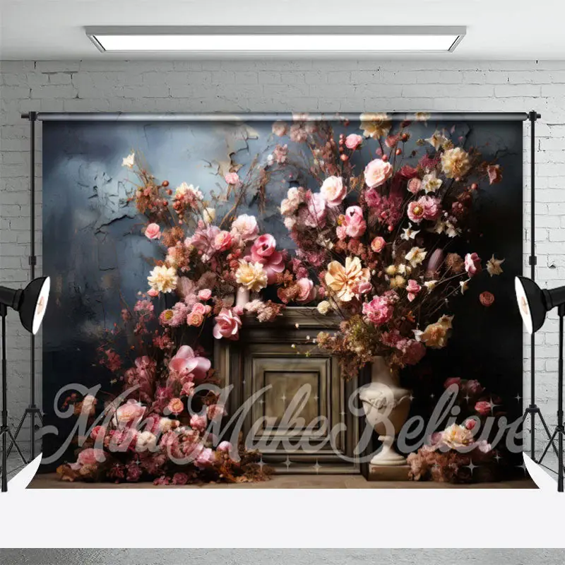 Old Masters Blue Wall Pink Flowers Fine Art Backdrop - Aperturee
