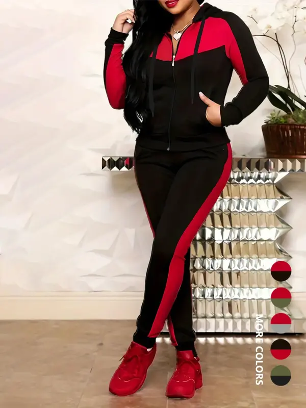 Two-Piece Set Women's Colorblock Zip Up Hoodie & Pocket Pants, Casual Long Sleeve Drawstring Hooded Jacket & Trousers for Spr...
