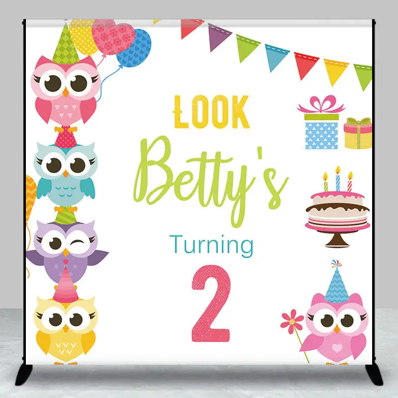 Colorful Owl Cake Gift Custom 2nd Birthday Backdrop - Aperturee