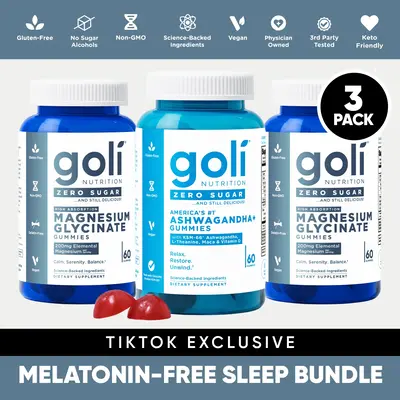 Melatonin-Free Sleep 3-Pack Bundle: Goli Zero Sugar Magnesium Glycinate High Absorption Gummies, Ashwagandha with L-Theanine,...
