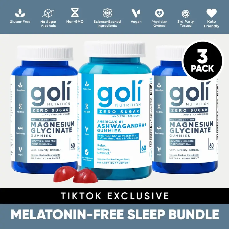 Melatonin-Free Sleep 3-Pack Bundle: Goli Zero Sugar Magnesium Glycinate High Absorption Gummies, Ashwagandha with L-Theanine,...