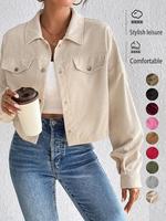 Women's Plain Button Front Drop Shoulder Crop Jacket, Regular Fit Soft Casual Pocket Long Sleeve Corduroy Jacket for Fall & W...