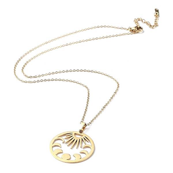201 Stainless Steel Sun with Moon Phase Pendant Necklace with Cable Chains