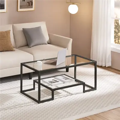 Yaheetech 42''Coffee Table, Tempered Glass Center Table with Geometric-Inspired Design & Metal-Frame & Easy Assembly & Open S...