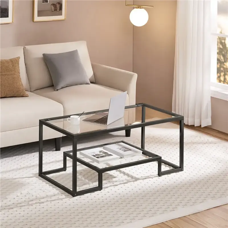Yaheetech 42''Coffee Table, Tempered Glass Center Table with Geometric-Inspired Design & Metal-Frame & Easy Assembly & Open S...