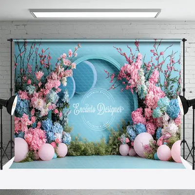 Aperturee Blue Wall Balloons Floral Wedding Photo Backdrop, 3X2FT(1MX0.6M), 14 USD, wedding backdrops, ENHD2J69-M