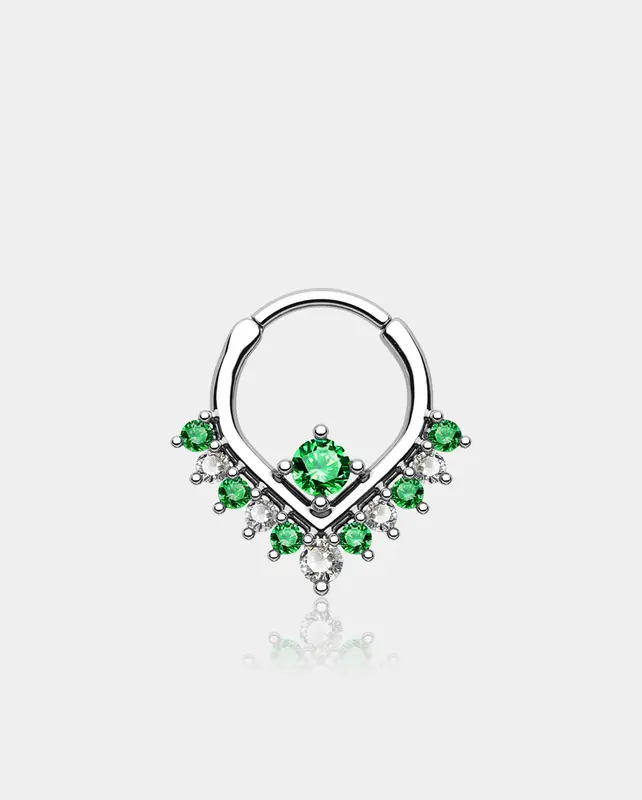 Green & Clear CZ V-Shape Clicker Septum Ring - Sliver