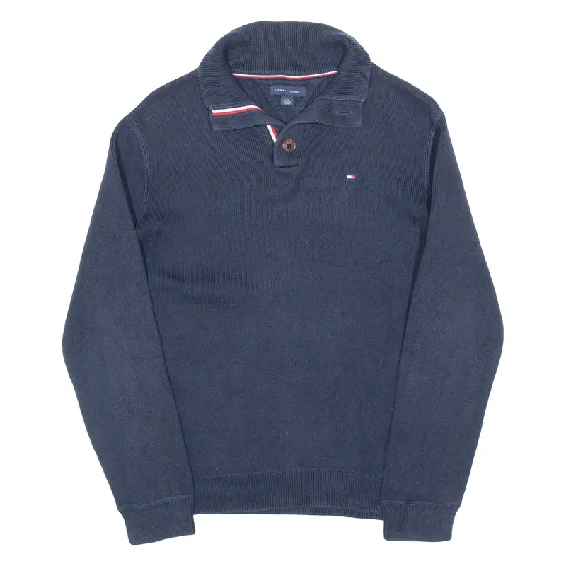 TOMMY HILFIGER Boys Jumper Blue Button Neck Tight Knit L