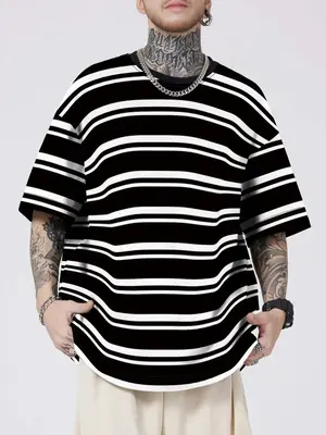 Men's Colorblock Striped Print Drop Shoulder Tee, Loose Casual Soft Comfy Half Sleeve Round Neck T-Shirt for Summer, Men's To...