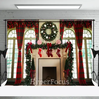 Red Green Plaid Fireplace Window Christmas Backdrop - Aperturee
