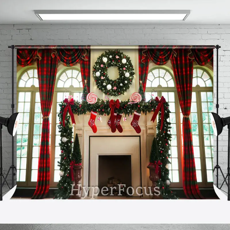 Red Green Plaid Fireplace Window Christmas Backdrop - Aperturee