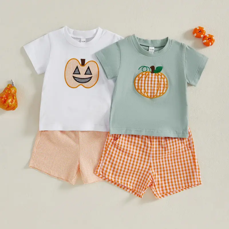Toddler Baby Boys Halloween Outfits Pumpkin Pattern Short Sleeves T-Shirt and Elastic Plaid Shorts Clothes Set
