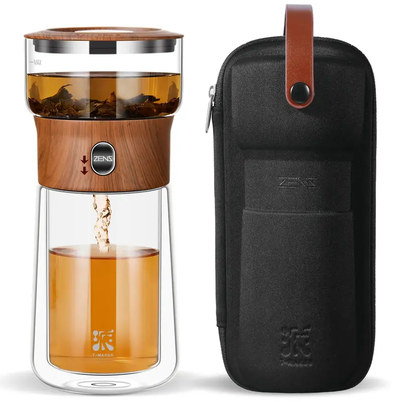 ZENS Modern Glass Infuser Teapot, Smart One Touch Tea Maker for Loose Tea Diffusers with Insulated Mug and Portable Tea Kits,...