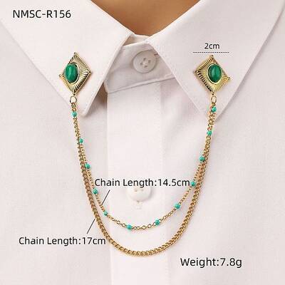304 Stainless Steel & Dyed Stone Rhombus Hanging Chain Brooch