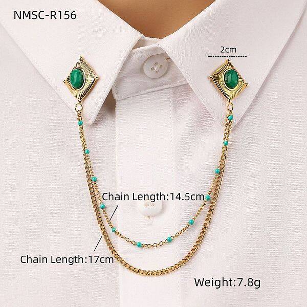 304 Stainless Steel & Dyed Stone Rhombus Hanging Chain Brooch