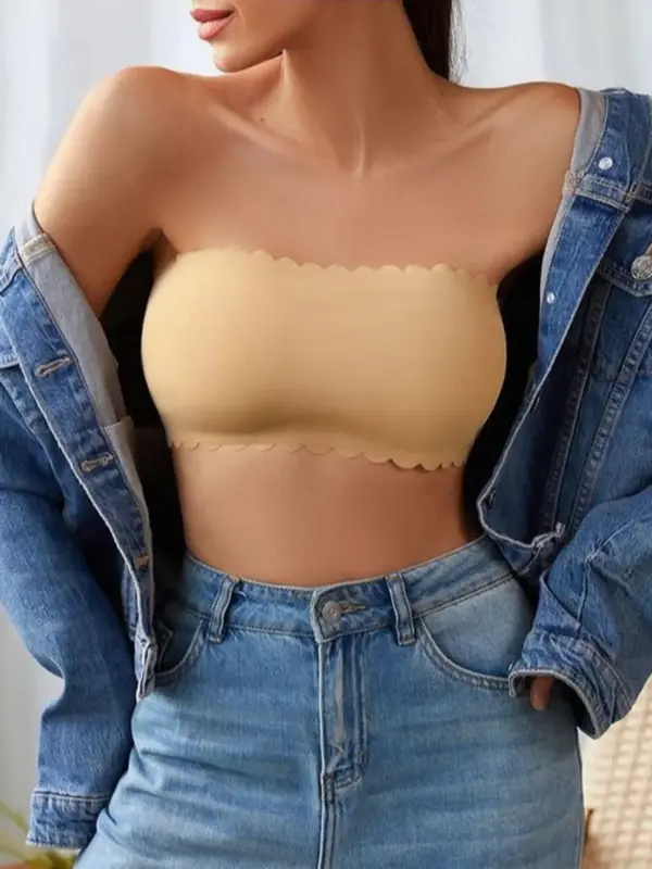 Women's Plain Scallop Trim Wireless Bandeau Push Up Bra, Strapless Bra, Solid Color Anti-slip Soft Comfortable Breathable Tub...