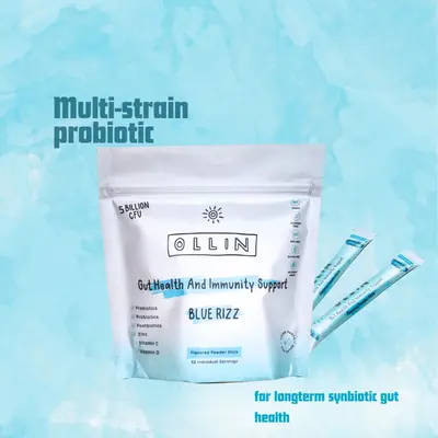 Ollin Gut Health & Immunity Support Blue Rizz - 5 Billion CFU with Prebiotics Probiotics Postbiotics Zinc Vitamin C & D Vegan...