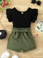 Toddler Girl's Solid Ribbed Top & Shorts with Belt Two-Piece Set, Casual Fashion Round Neck Top & Shorts for Daily Outdoor We...