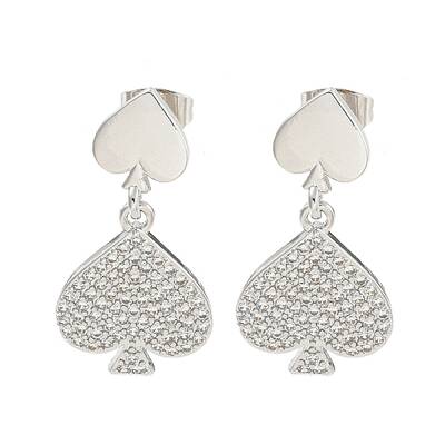 Spades Brass Pave Clear Cubic Zirconia Dangle Stud Earrings