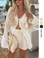 Women's Solid Color Longsleeves Tie Front Top & Shorts Set, Minimalist Casual Fashion Cozy Two-piece Set for Daily Outdoor We...