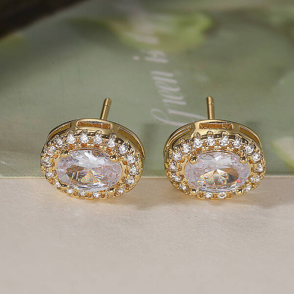 Brass Micro Pave Clear Cubic Zirconia Stud Earrings