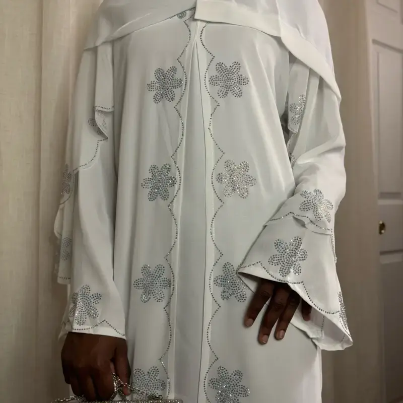 White Abaya with Floral Embellishments Detailed Elegant Floral Patterns