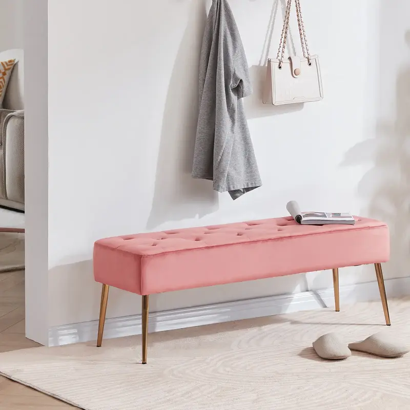 Velvet Tufted Bench with Gold Legs – Modern Upholstered Entryway & Bedroom Seating, 46” Wide