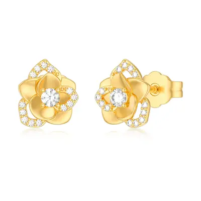 14K Gold Cubic Zirconia Rose Stud Earrings For Women