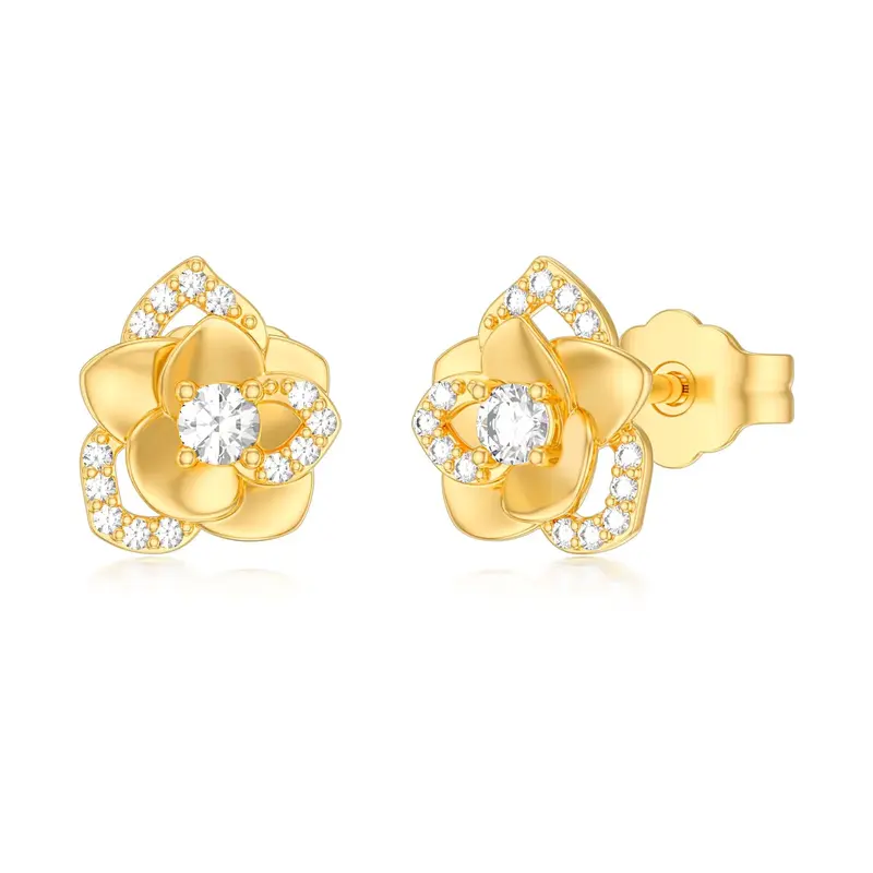14K Gold Cubic Zirconia Rose Stud Earrings For Women
