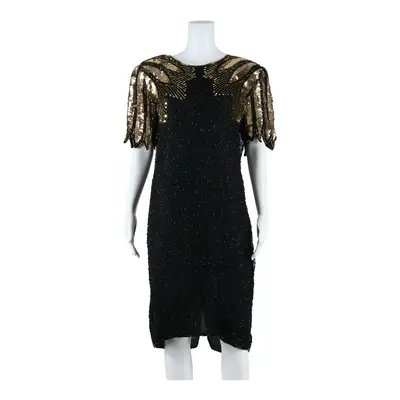 STENAY Beaded Sequin Womens Pencil Dress Black Silk Crazy Pattern Midi UK 12