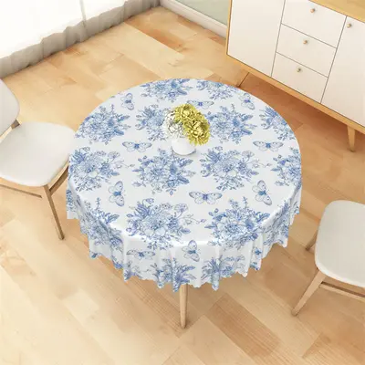 Blue White Butterfly Floral Pattern Round Tablecloth - Aperturee