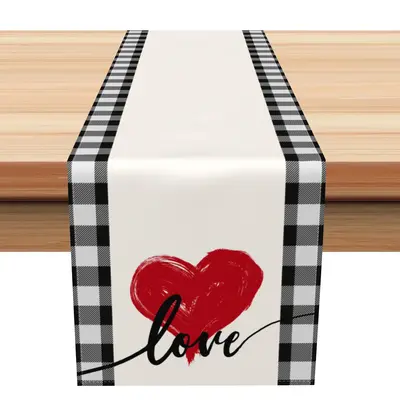 Aperturee Black Plaid Red Heart Valentines Day Table Runner | Custom Table Runner | Personalized Table Runners | Custom Print...
