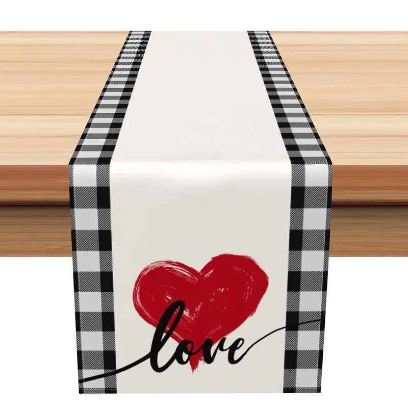 Aperturee Black Plaid Red Heart Valentines Day Table Runner | Custom Table Runner | Personalized Table Runners | Custom Print...