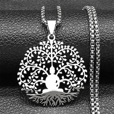 304 Stainless Steel Buddha Yoga Tree of Life Pendant Necklaces