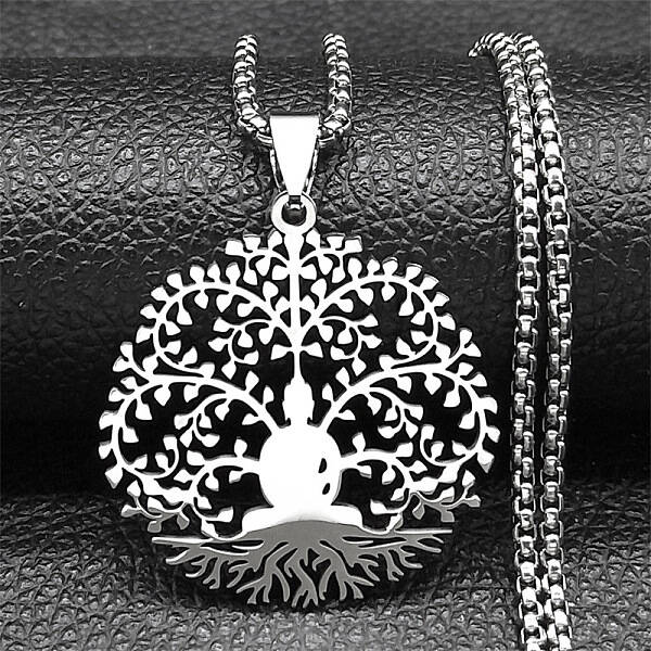 304 Stainless Steel Buddha Yoga Tree of Life Pendant Necklaces