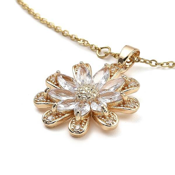 Flower Brass Micro Pave Cubic Zirconia Pendant Necklaces