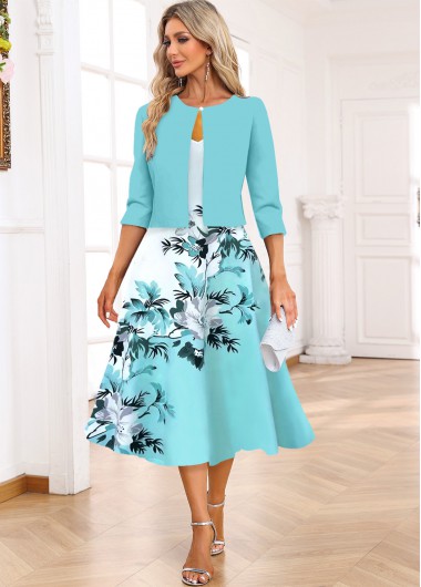 Modlily Light Blue Two Piece Floral Print Dress and Cardigan - XXL
