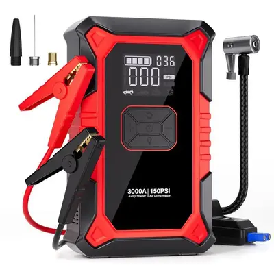 A3 3000A Portable Car Jump Starter & 150PSI Air Compressor - Ideal for 9.0L Gas & 6.5L Diesel Vehicles - Compact & Powerful T...
