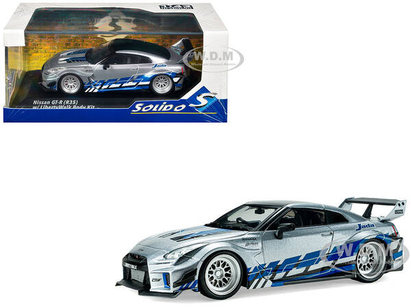 2020 Nissan GT-R (R35) Liberty Walk Silhouette RHD (Right Hand Drive) Silver Metallic with Black Top and Blue Graphics 1/43 D...