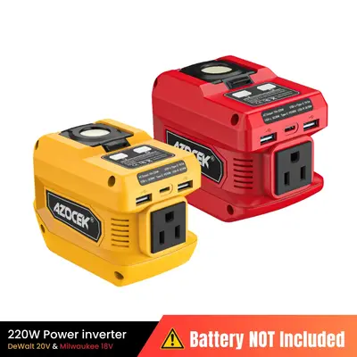 Azocek 220W Power Inverter for Milwaukee 18V & DeWalt 20V Batteries, DC to AC 110V Portable Power Station with AC Outlet, USB...