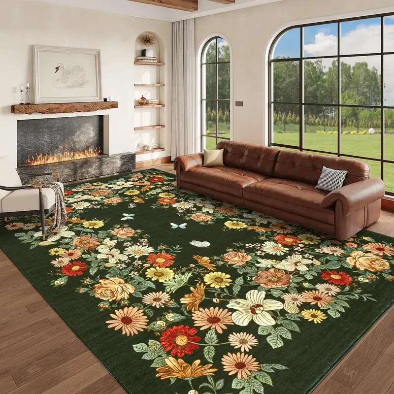Garvee Rugs for Living Room 5x7 Washable Floral Area Rug Non Slip Soft Low Pile Ultra-Thin Carpet Dark Green