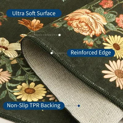 Garvee Rugs for Living Room 5x7 Washable Floral Area Rug Non Slip Soft Low Pile Ultra-Thin Carpet Dark Green