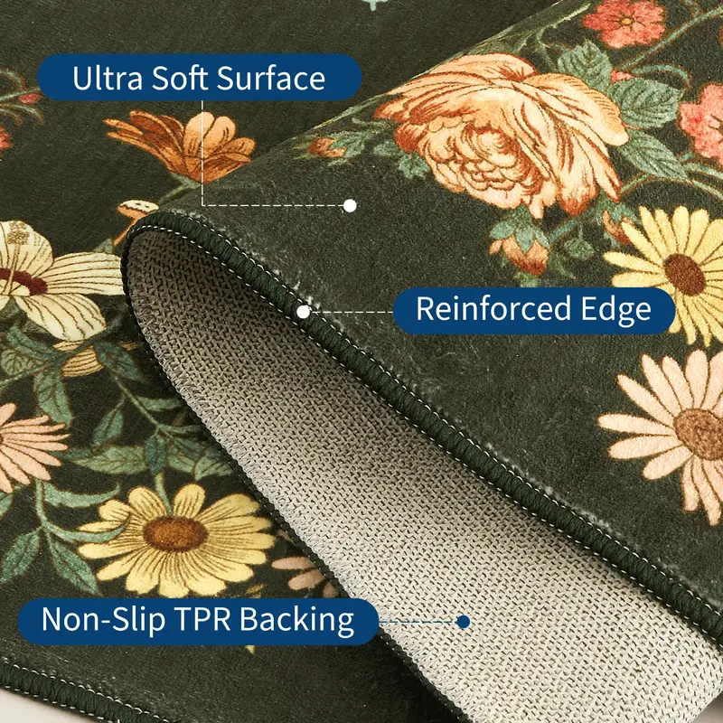 Garvee Rugs for Living Room 5x7 Washable Floral Area Rug Non Slip Soft Low Pile Ultra-Thin Carpet Dark Green