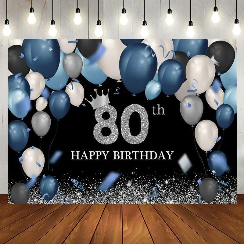 Aperturee Blue Silver Balloons 80Th Birthday Backdrop