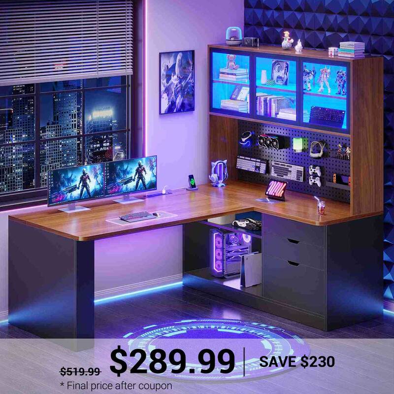 SEDETA | 67 Inch L Shaped Computer Desk Corner Gaming Desk with LED Lights, 3 Wood Drawers Display Cabinet, Bookshelf Pegboar...